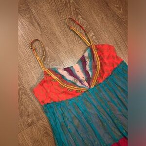 Free People Gilded Caravan Tiered Patchwork Boho Maxi Strappy Dress Size 6